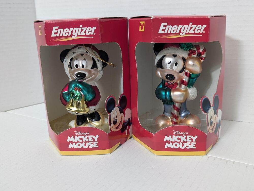 Vintage Lot Mickey and Minnie Blown Glass Energizer Ornaments New in Box